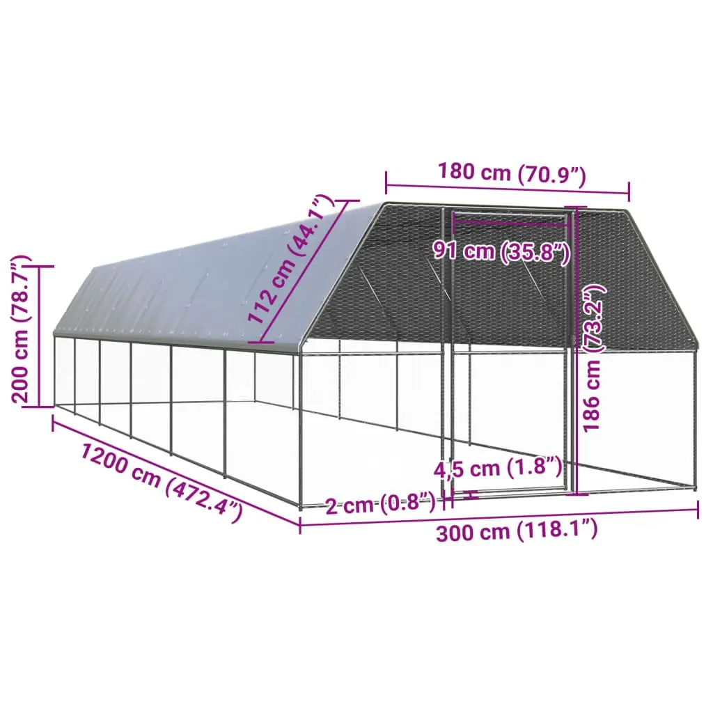 Outdoor Chicken Cage Galvanised Steel Hen House Run Coop 3x12x2 m Silver