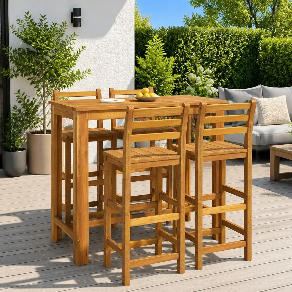 5 Piece Garden Bar Set Solid Wood Acacia Brown Outdoor Furniture Patio Dining