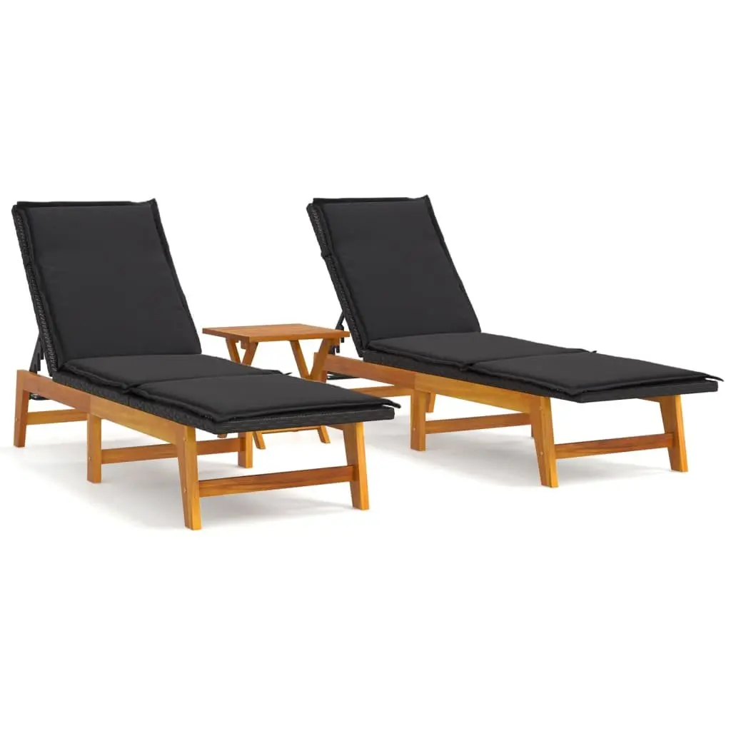 3 Piece Garden Lounge Sun Lounger Set Outdoor Black Poly Rattan Acacia Wood