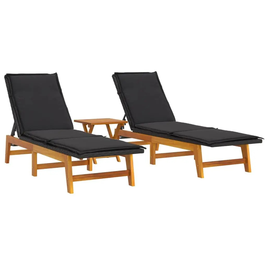 3 Piece Garden Lounge Sun Lounger Set Outdoor Black Poly Rattan Acacia Wood