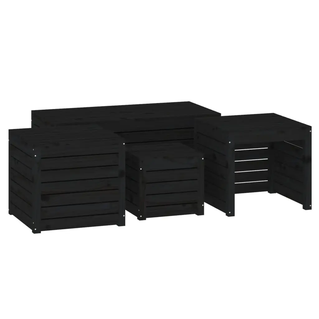 4 Piece Outdoor Garden Storage Box Set Black Solid Wood Pine