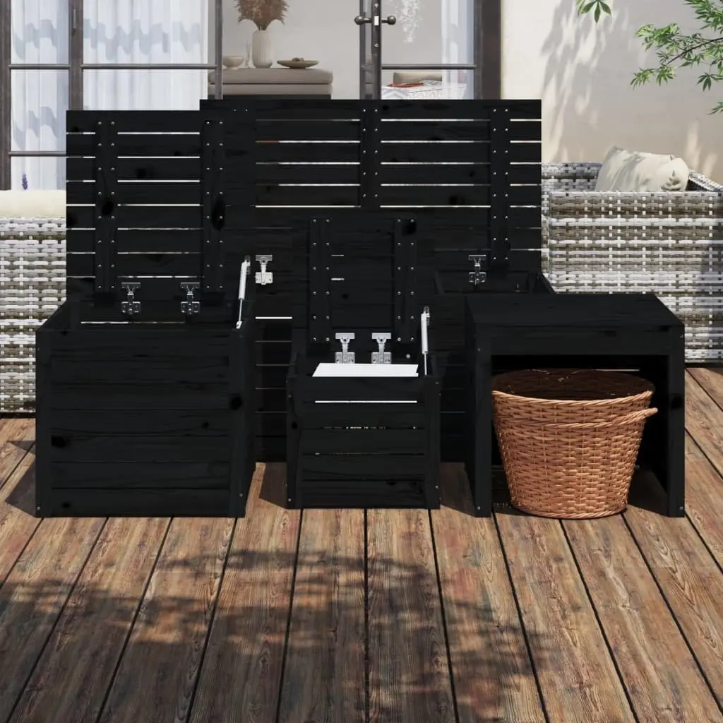 4 Piece Outdoor Garden Storage Box Set Black Solid Wood Pine