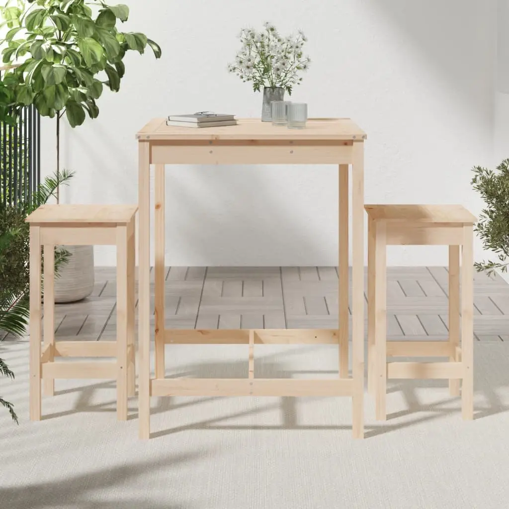 Garden Bar Set Outdoor Furniture 3 Piece Wooden Patio Table Stools Brown