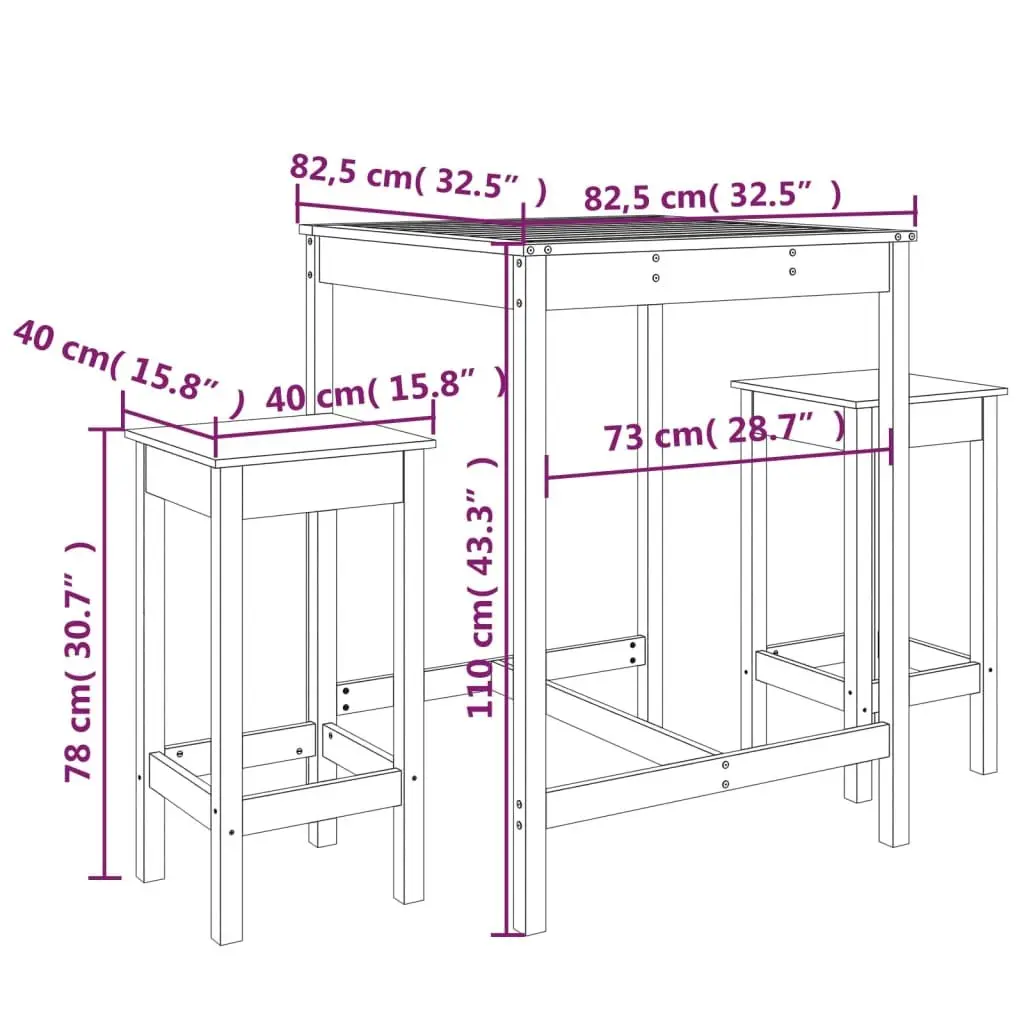 Garden Bar Set Outdoor Furniture 3 Piece Wooden Patio Table Stools Brown