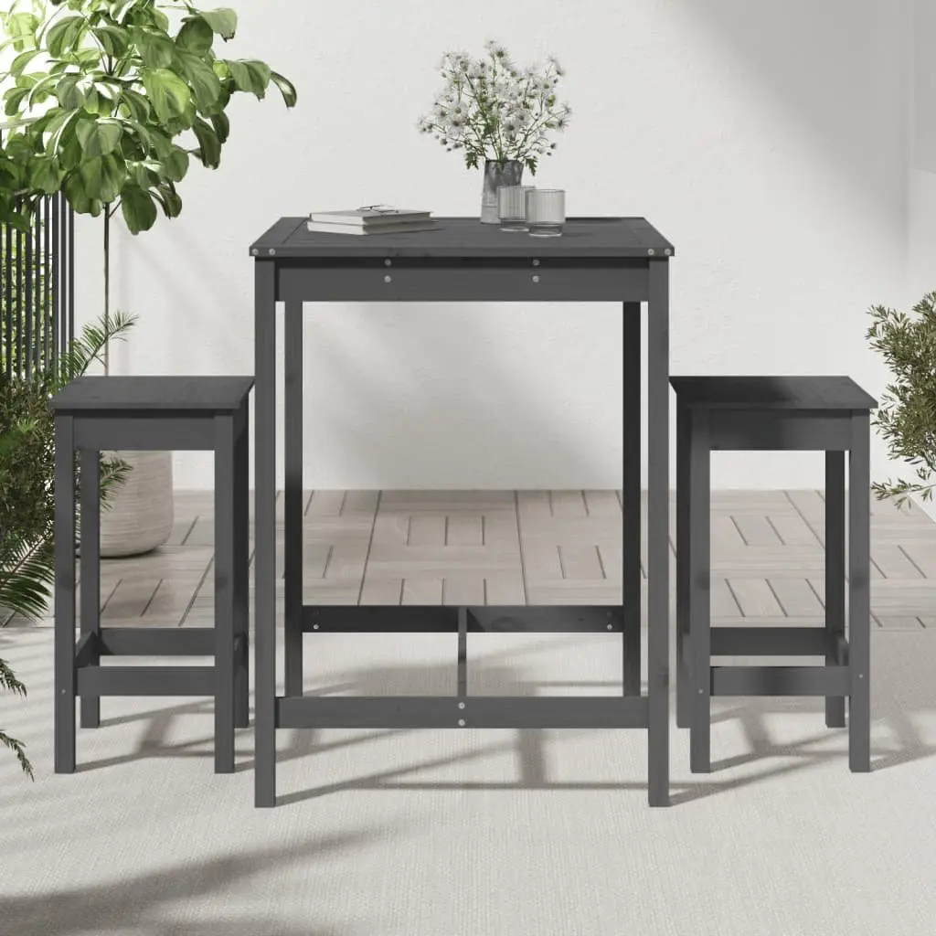 Garden Bar Set 3 Piece Outdoor Furniture Grey Solid Pine Wood Patio Stools Table