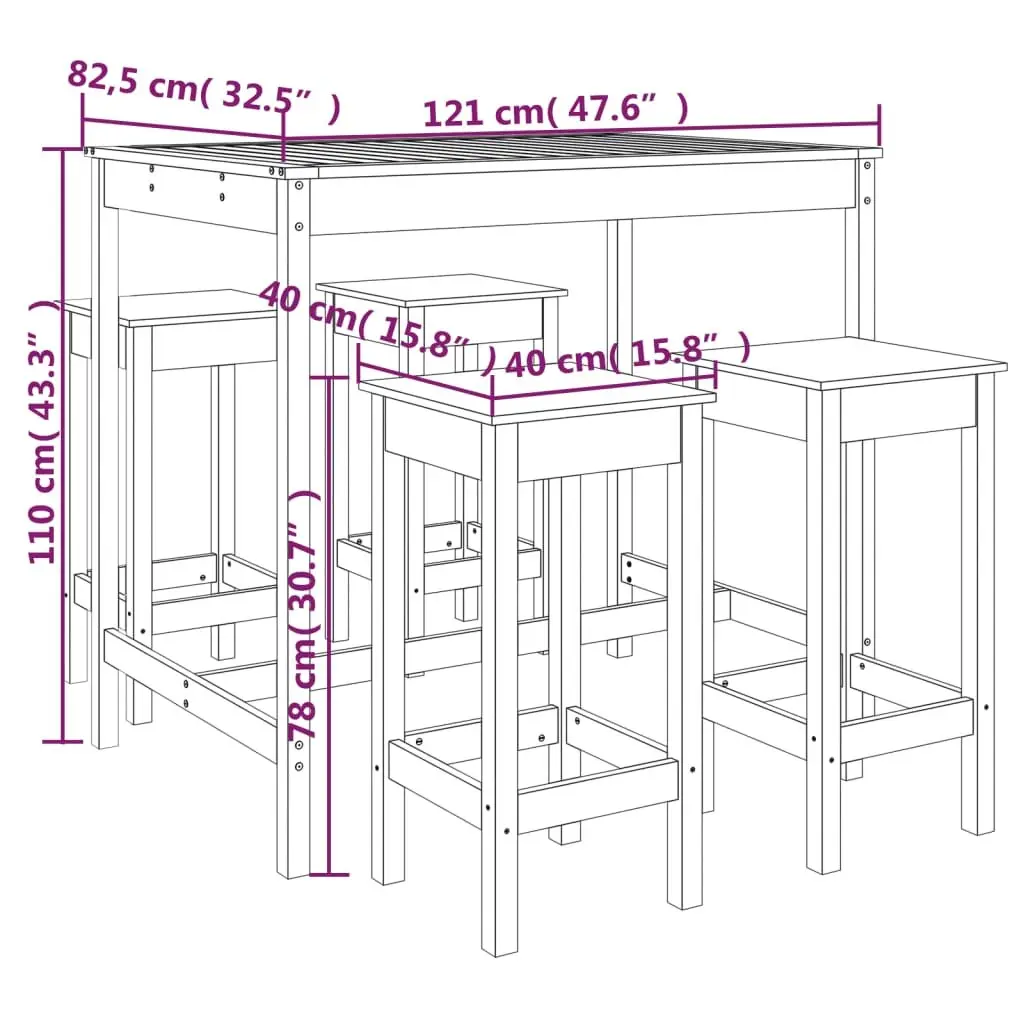 5 Piece Garden Bar Set Black Solid Pine Wood Outdoor Patio Furniture Stools