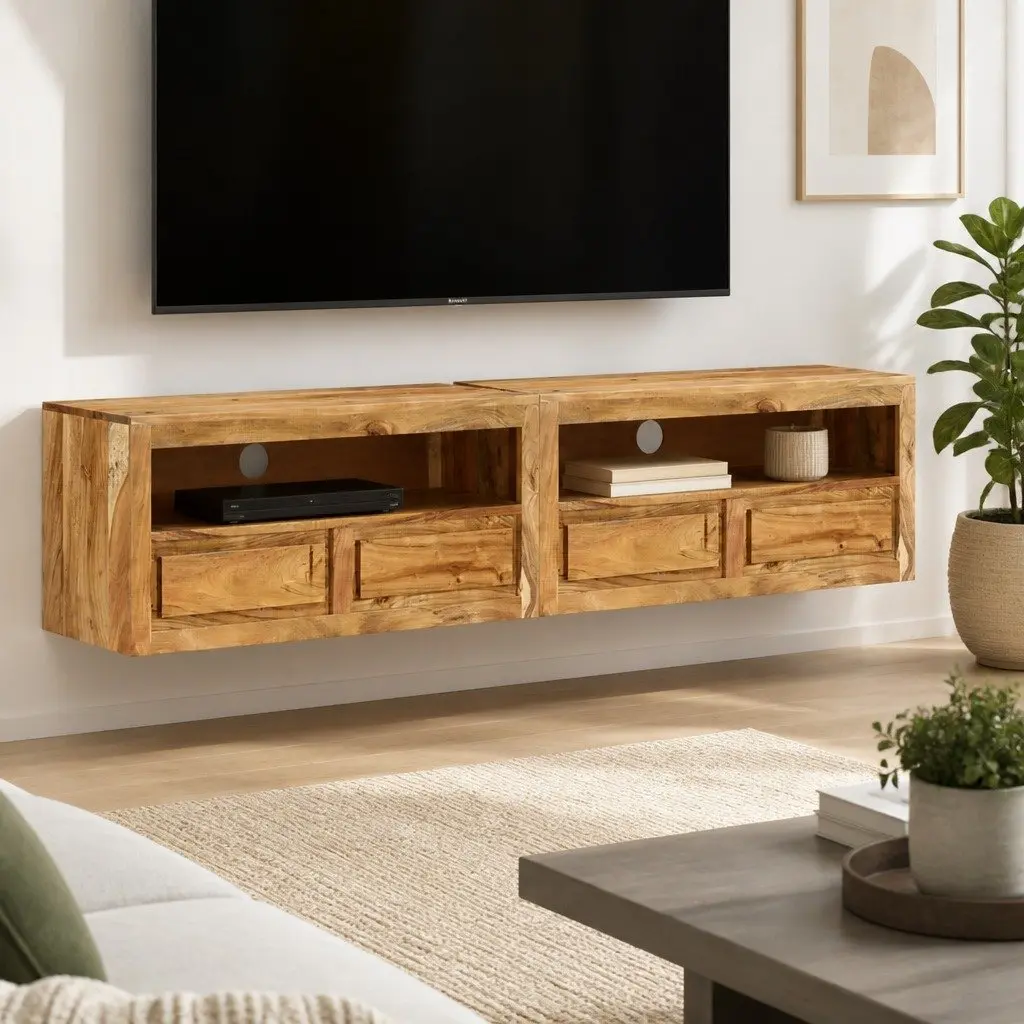 Solid Acacia Wood TV Cabinet with Ample Storage