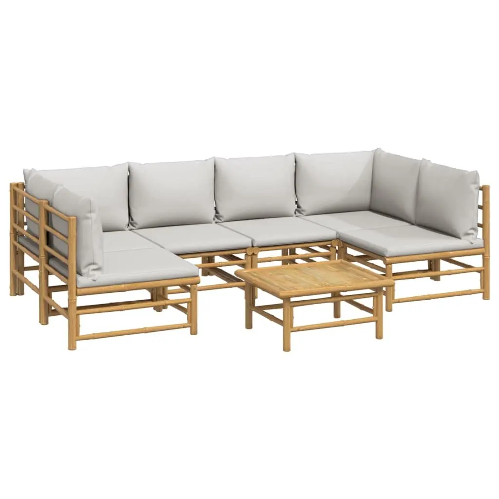 7 Piece Bamboo Garden Lounge Set Outdoor Furniture Light Grey Cushions