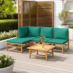 5 Piece Bamboo Garden Lounge Set with Green Cushions