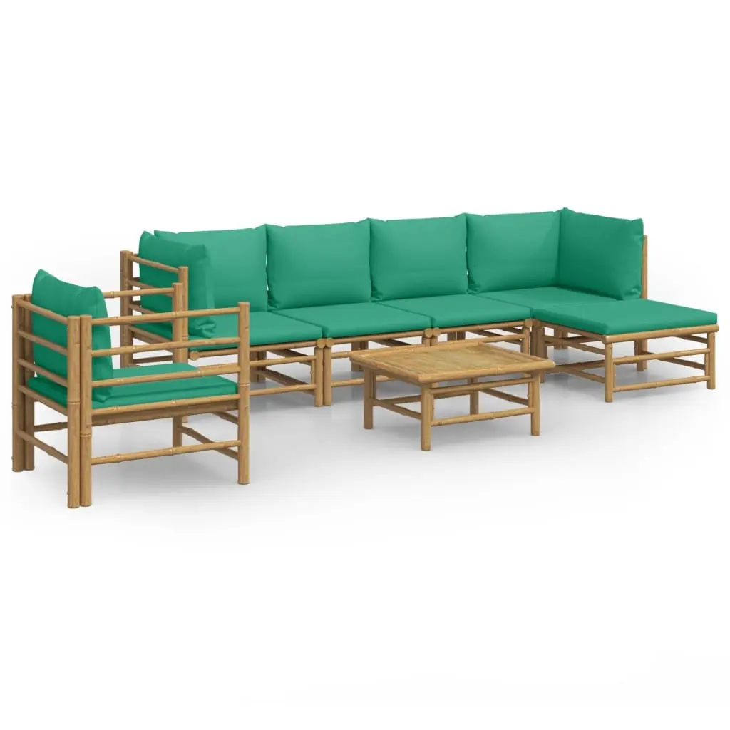 7 Piece Bamboo Garden Lounge Set Outdoor Furniture with Green Cushions Brown