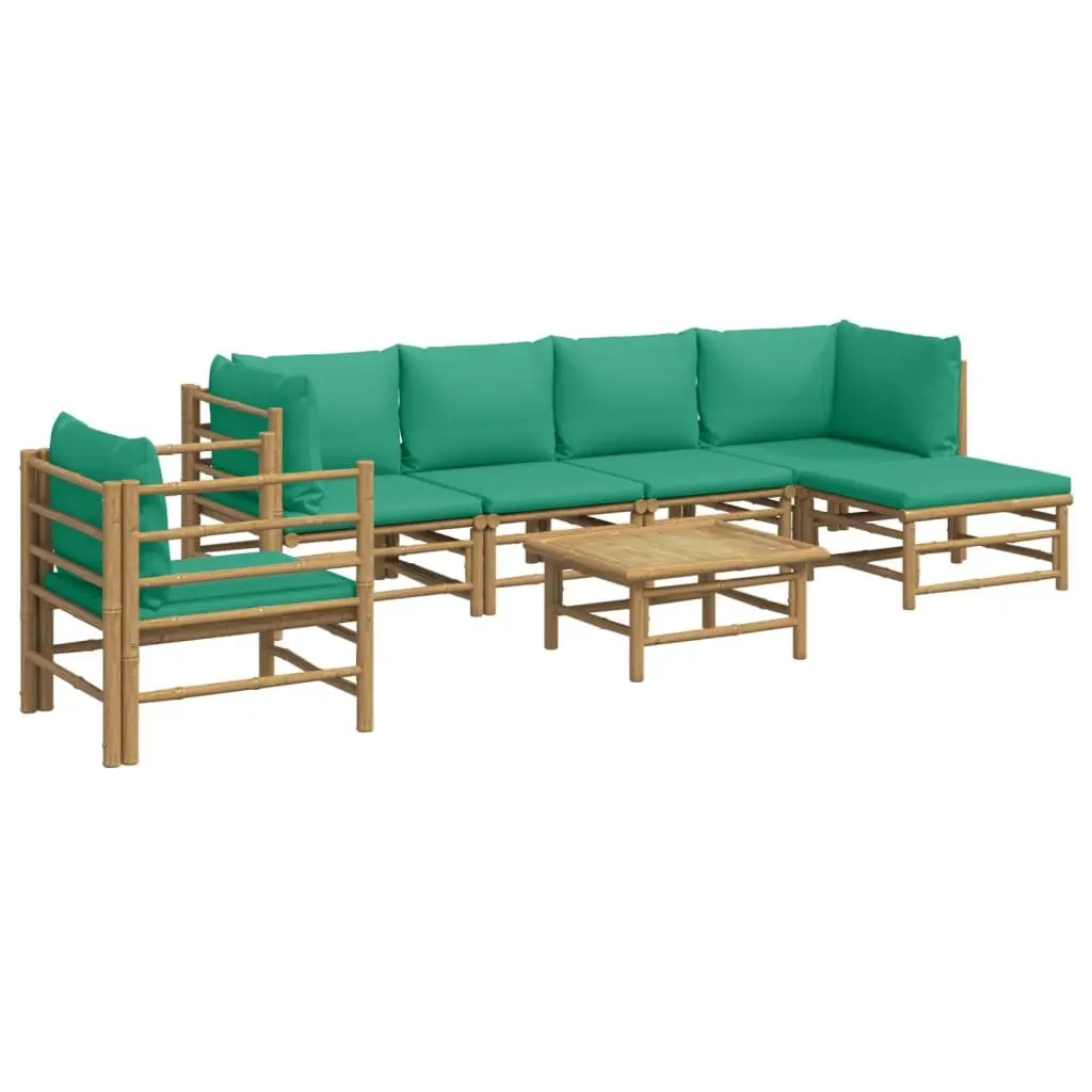 7 Piece Bamboo Garden Lounge Set Outdoor Furniture with Green Cushions Brown