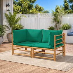 Quality Bamboo Corner Sofa Set with Green Cushions