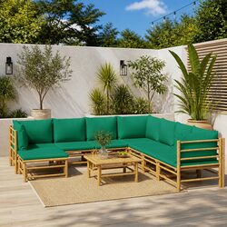 Stylish 9 Piece Bamboo Lounge Set for Outdoor Comfort with Green Cushions