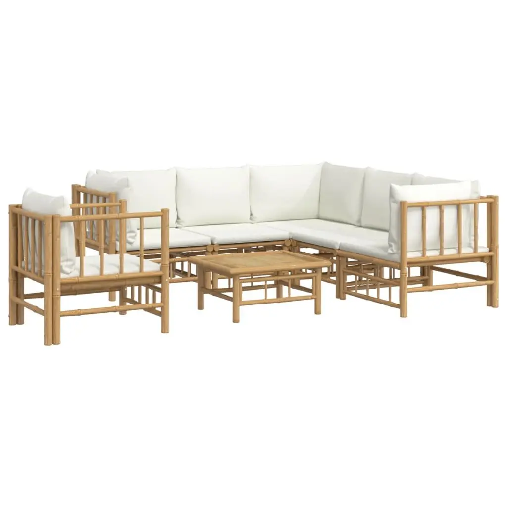 7 Piece Garden Lounge Set Outdoor Bamboo Furniture with Cream White Cushions