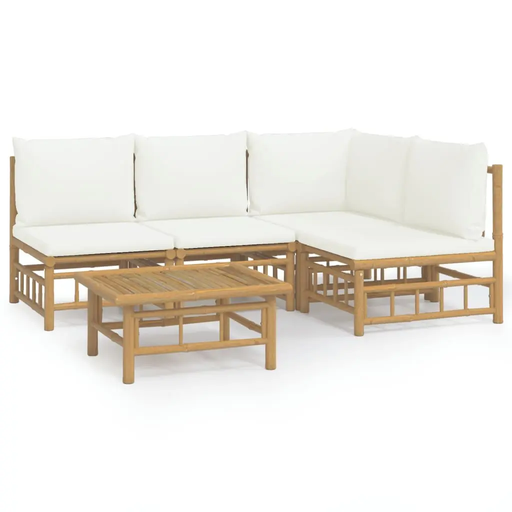 5 Piece Garden Lounge Set Outdoor Furniture Bamboo Sofa Cream White Cushions