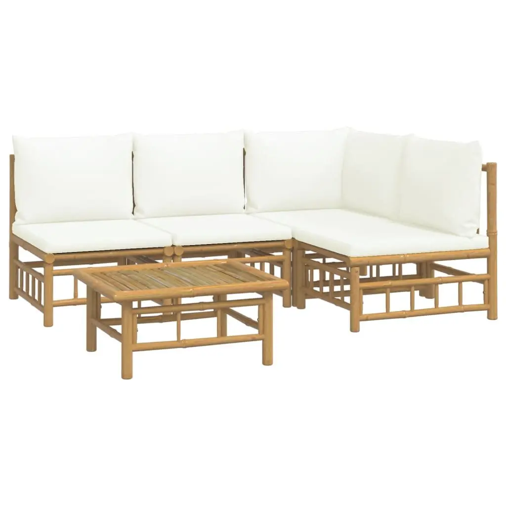 5 Piece Garden Lounge Set Outdoor Furniture Bamboo Sofa Cream White Cushions