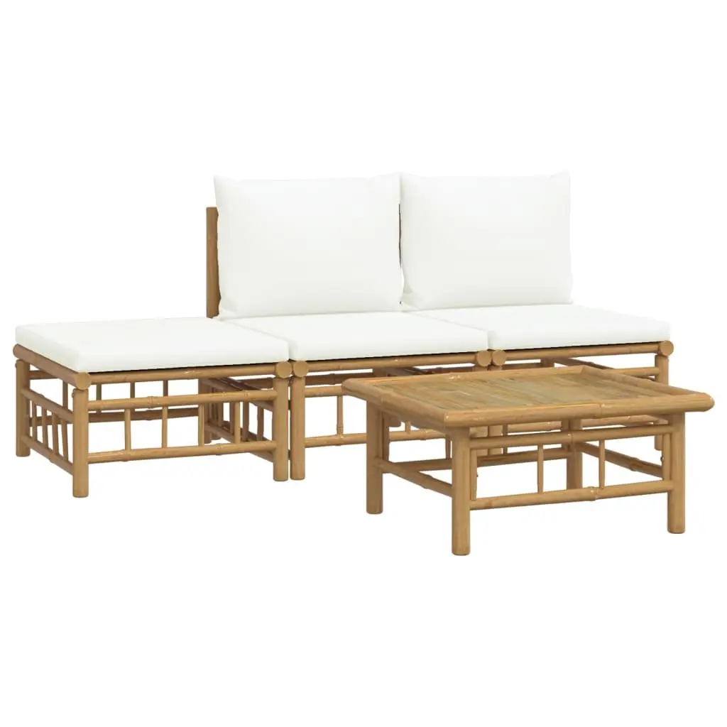Garden Lounge Set 4 Piece Outdoor Furniture Brown Bamboo Cream Cushions