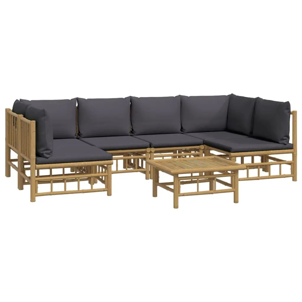 7 Piece Bamboo Garden Lounge Set Outdoor Furniture with Dark Grey Cushions Brown