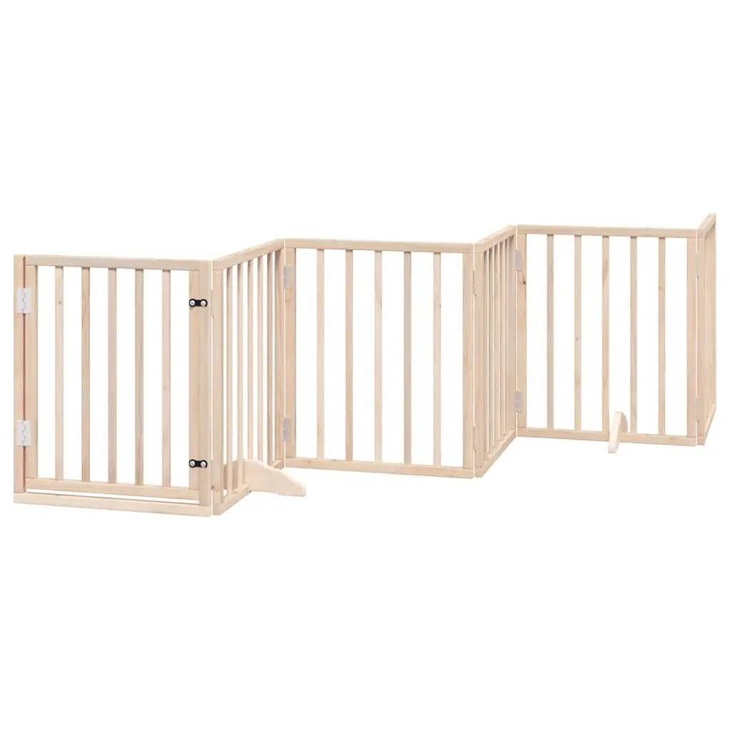 Foldable Dog Gate 9 Panels 450cm Brown Poplar Wood Pet Safety Barrier with Door