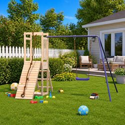 Wooden Outdoor Playset: Climbing Wall, Swing & Sandbox