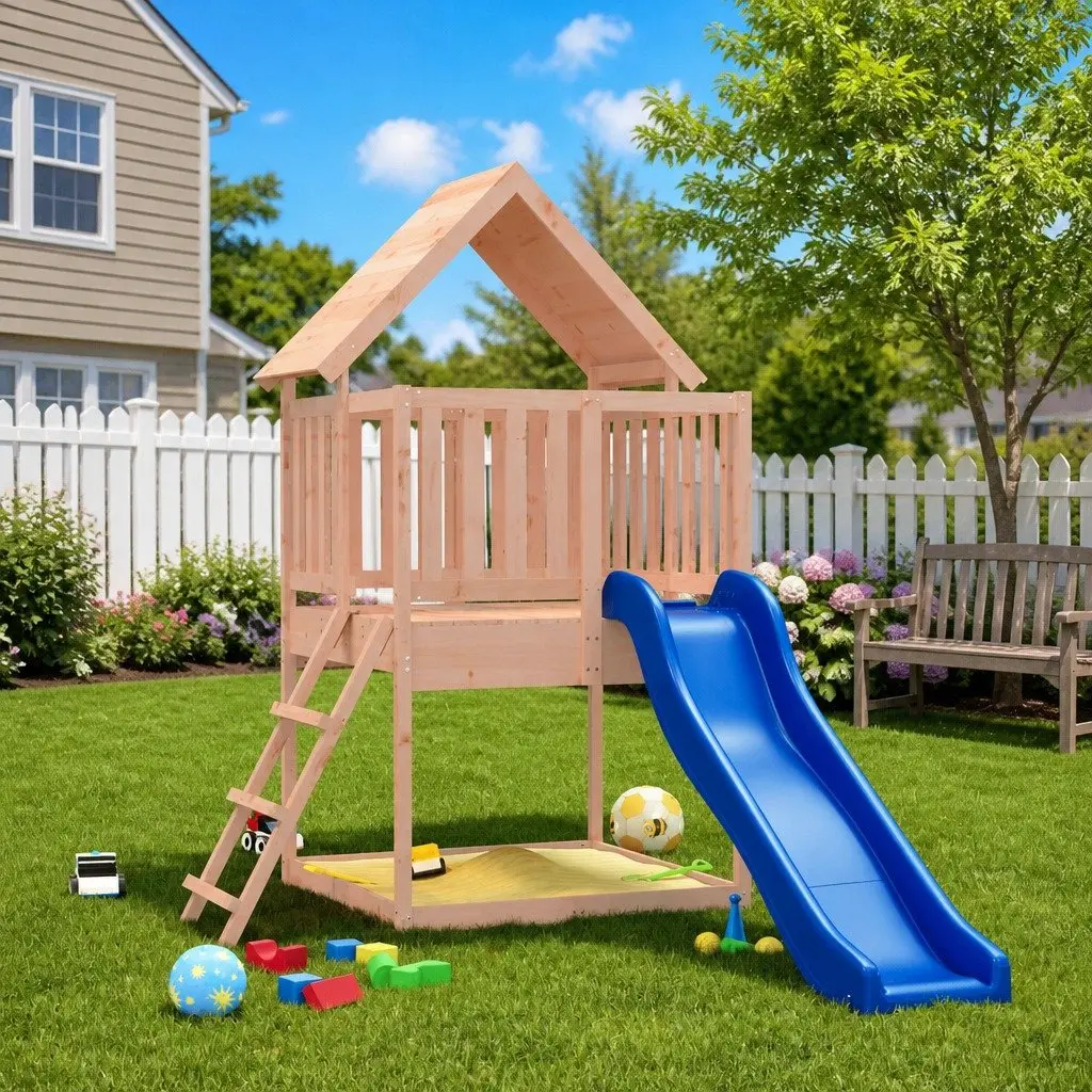 Kids Outdoor Playset Wooden Climbing Frame Backyard Playhouse Slide Sandpit