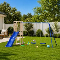 Outdoor Playset Solid Wood Pine Climbing Frame Swing Slide Sandpit Brown
