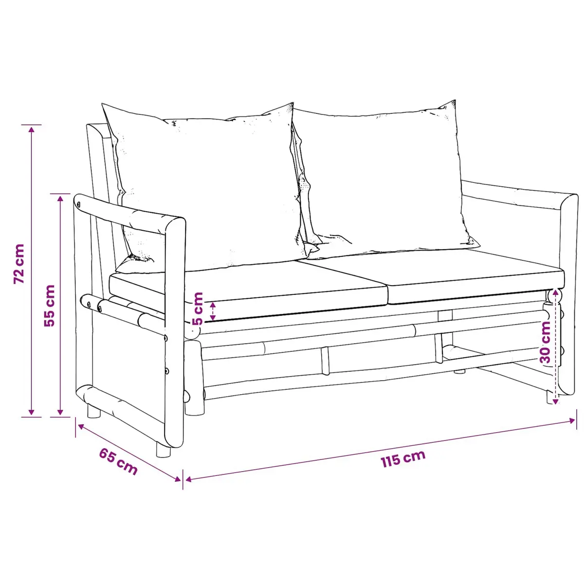 Garden Bench Outdoor Seating 115 cm Bamboo Grey Padded Cushions Slatted