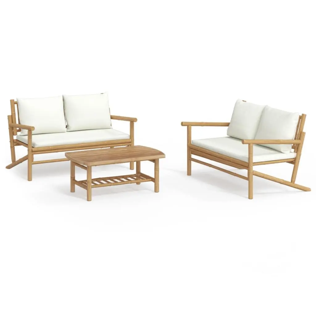 Bamboo Lounge Set 3 Piece Outdoor Furniture Cream Cushions Brown