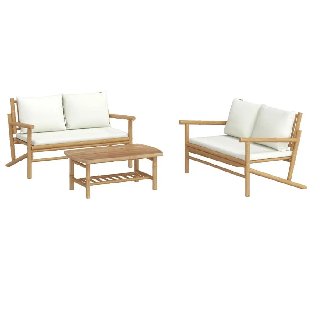 Bamboo Lounge Set 3 Piece Outdoor Furniture Cream Cushions Brown