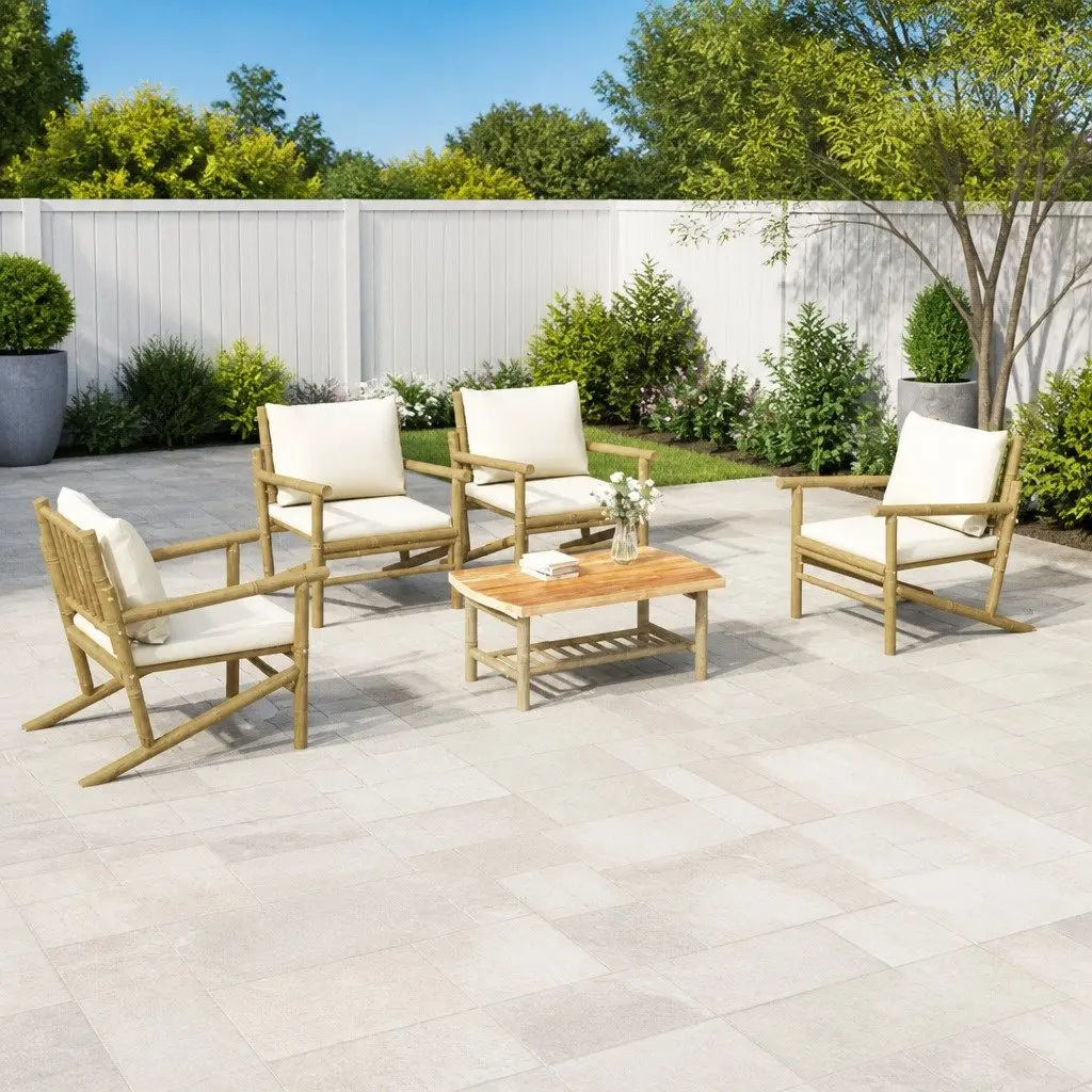 Bamboo Garden Lounge Set 5 Piece Outdoor Furniture Cream Cushions Brown