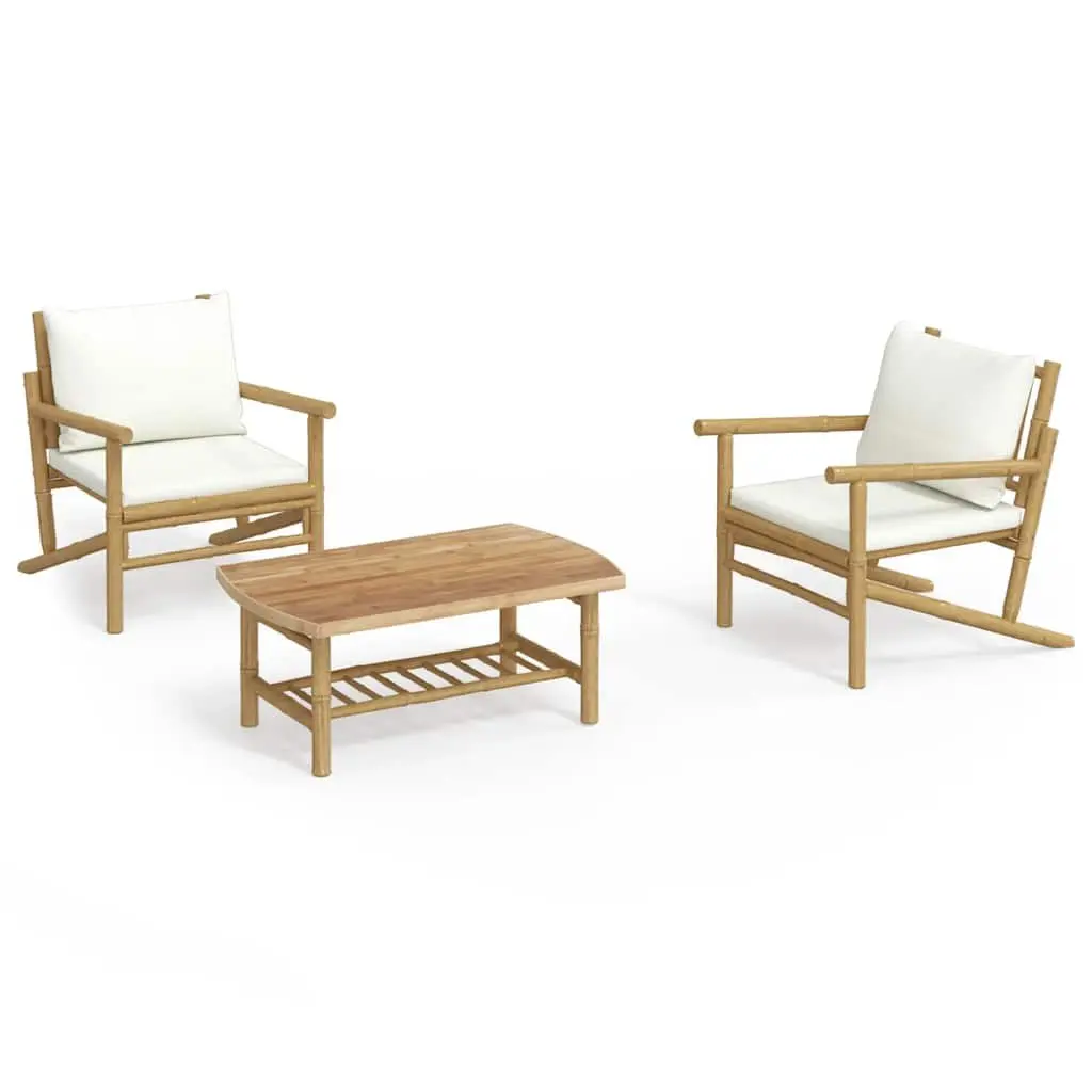 3 Piece Bamboo Garden Lounge Set Outdoor Furniture Cream Cushions Brown