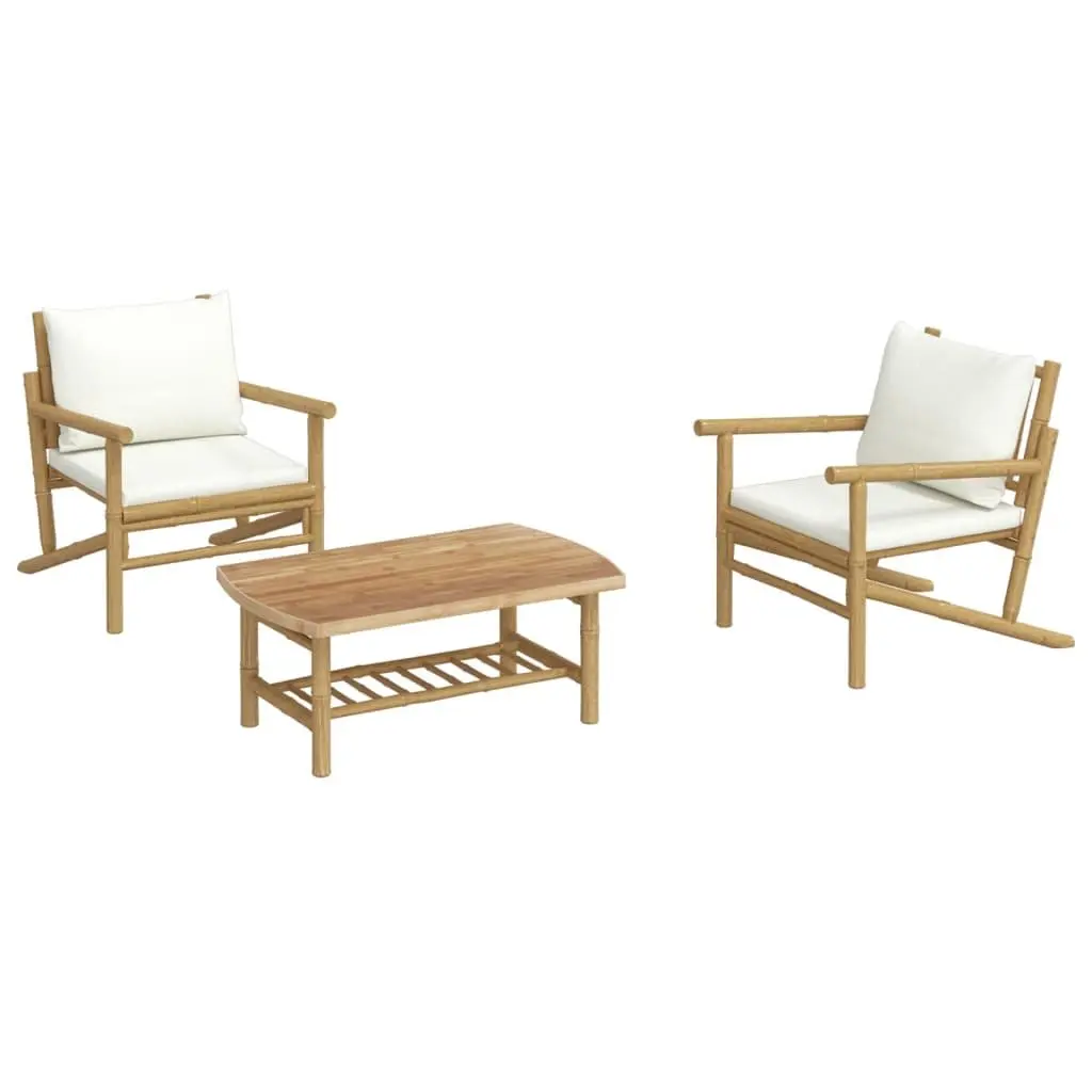 3 Piece Bamboo Garden Lounge Set Outdoor Furniture Cream Cushions Brown