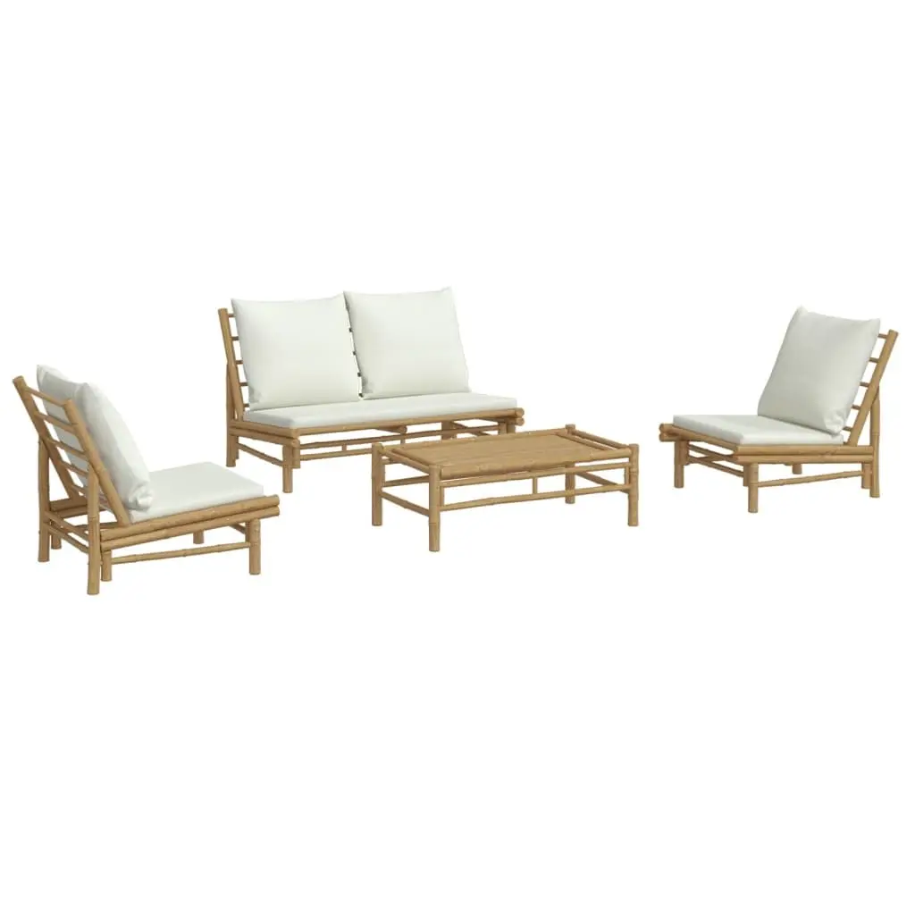Bamboo Garden Lounge Set Outdoor Furniture Modular Relaxation 4 Piece Cream Cushions Brown