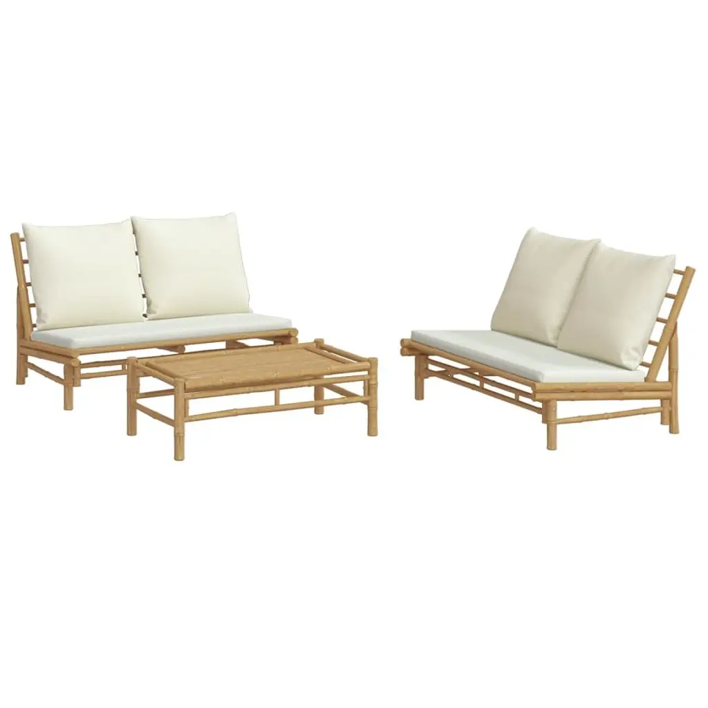3 Piece Bamboo Garden Lounge Set Outdoor Furniture Cream Cushions Brown