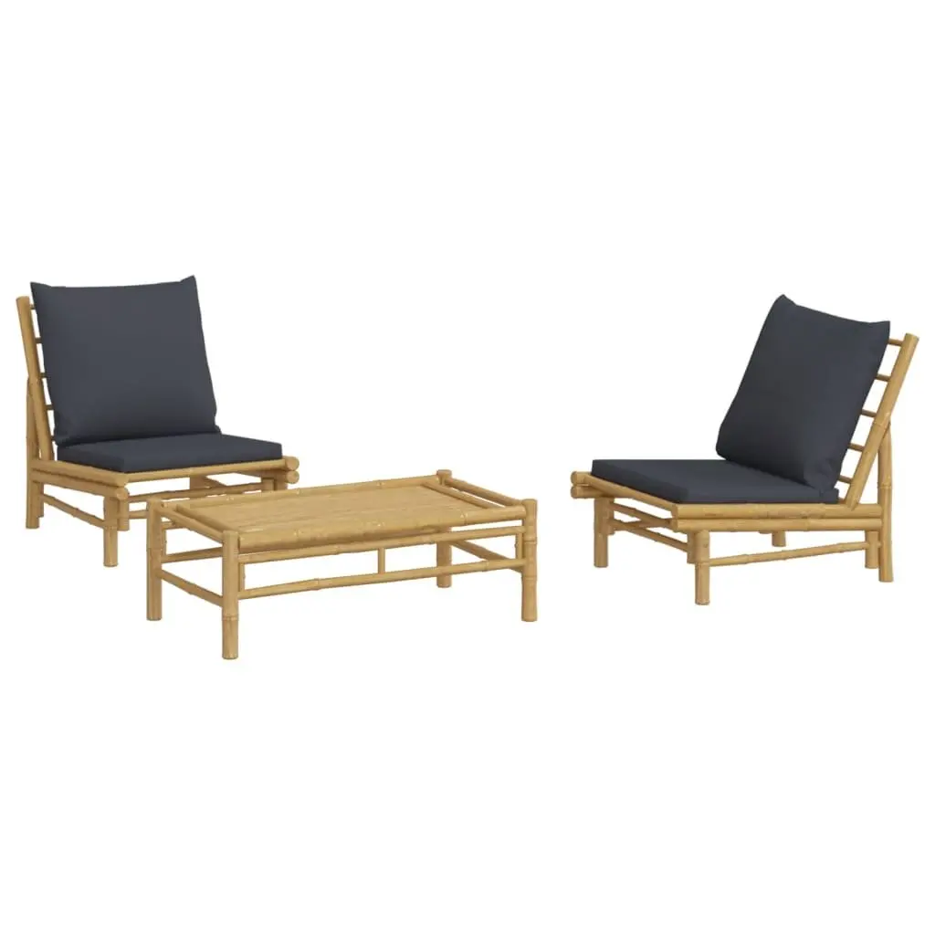 3 Piece Garden Lounge Set Bamboo Outdoor Furniture Dark Grey Cushions Brown