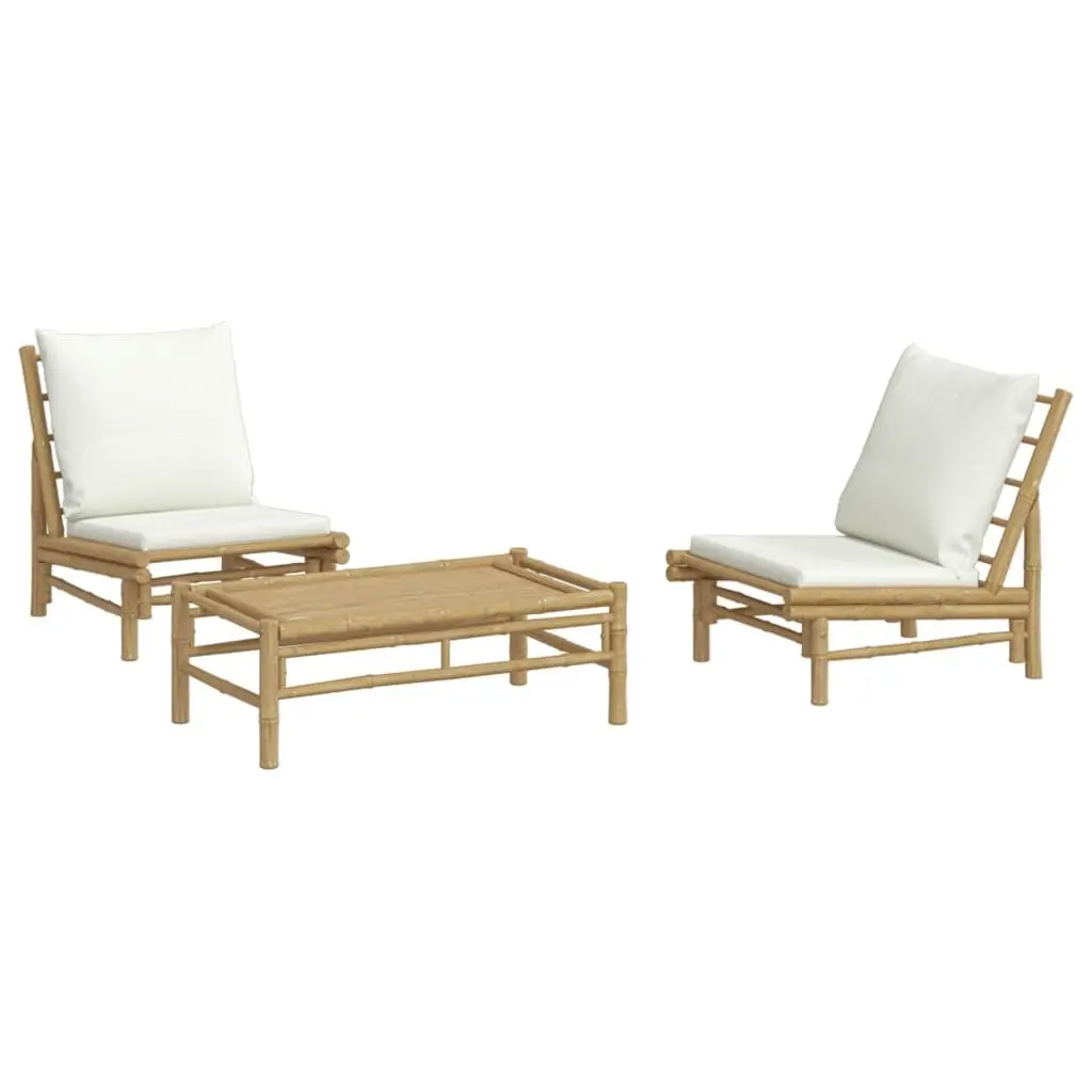 Garden Lounge Set 3 Piece Bamboo Outdoor Furniture Cream Cushions Brown