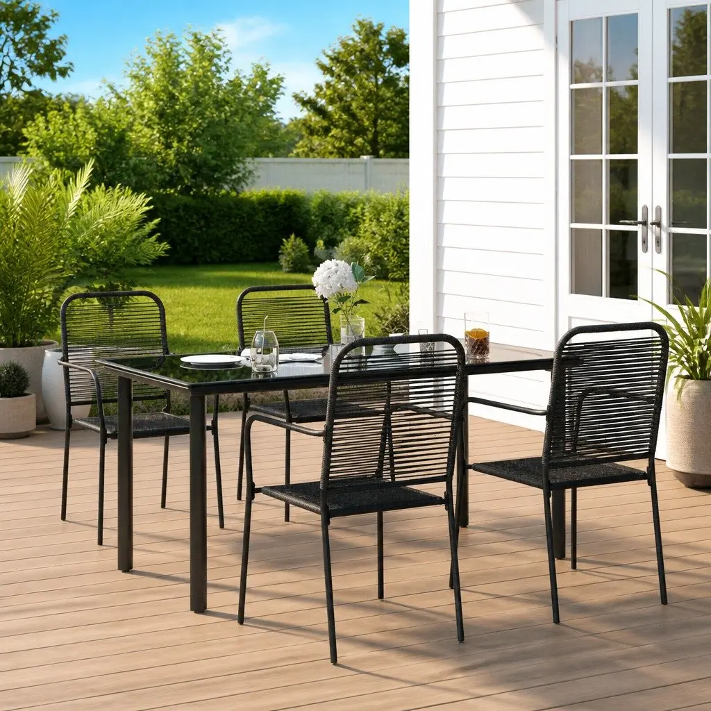 Outdoor Dining Set 5 Piece Garden Furniture Black Cotton Rope Steel Chairs Table