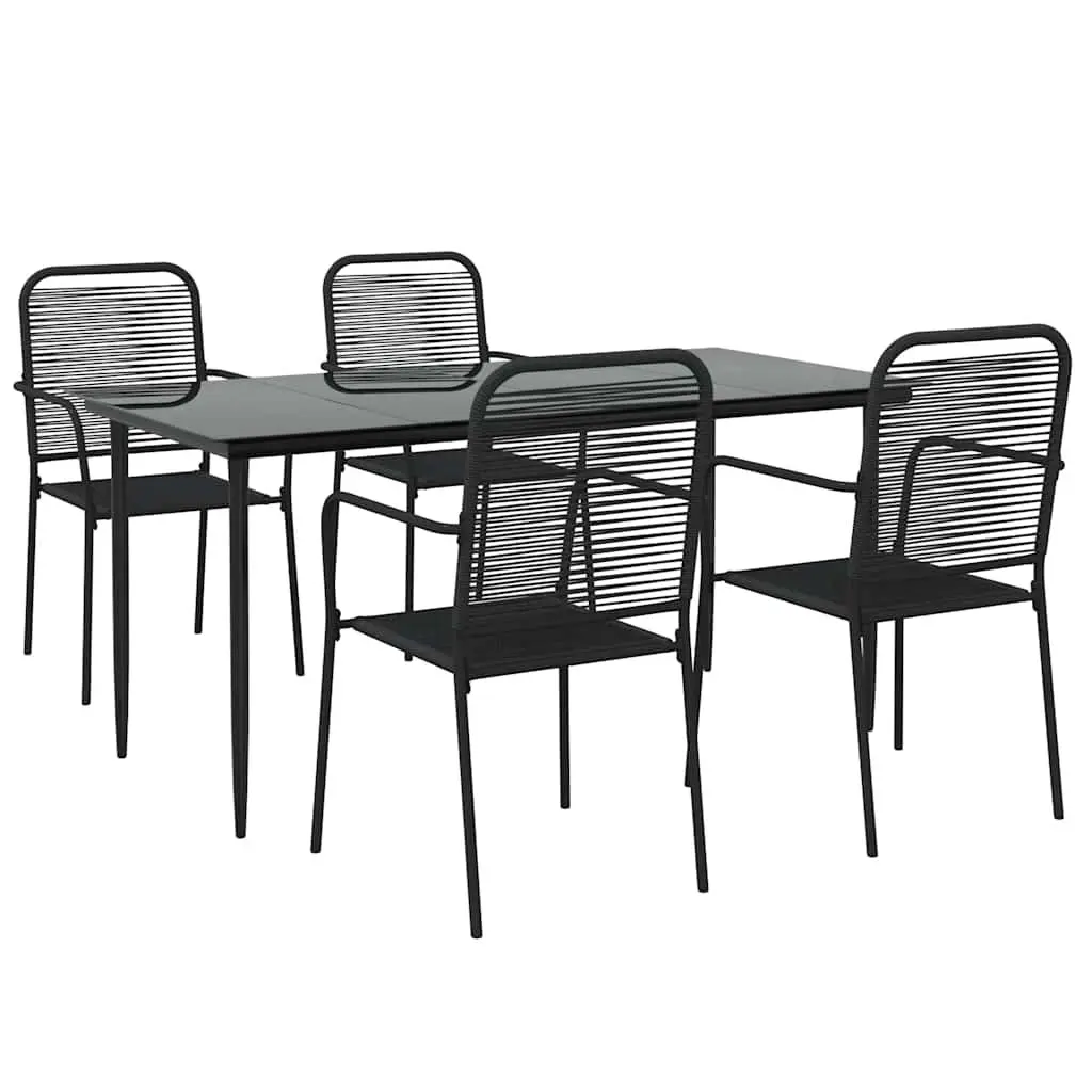 Outdoor Patio Dining Set 5 Piece Black Steel Cotton Rope Chairs with Tempered Glass Table