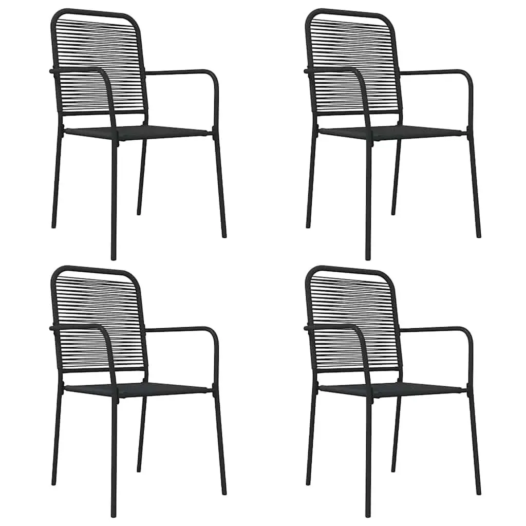 Outdoor Patio Dining Set 5 Piece Black Steel Cotton Rope Chairs with Tempered Glass Table