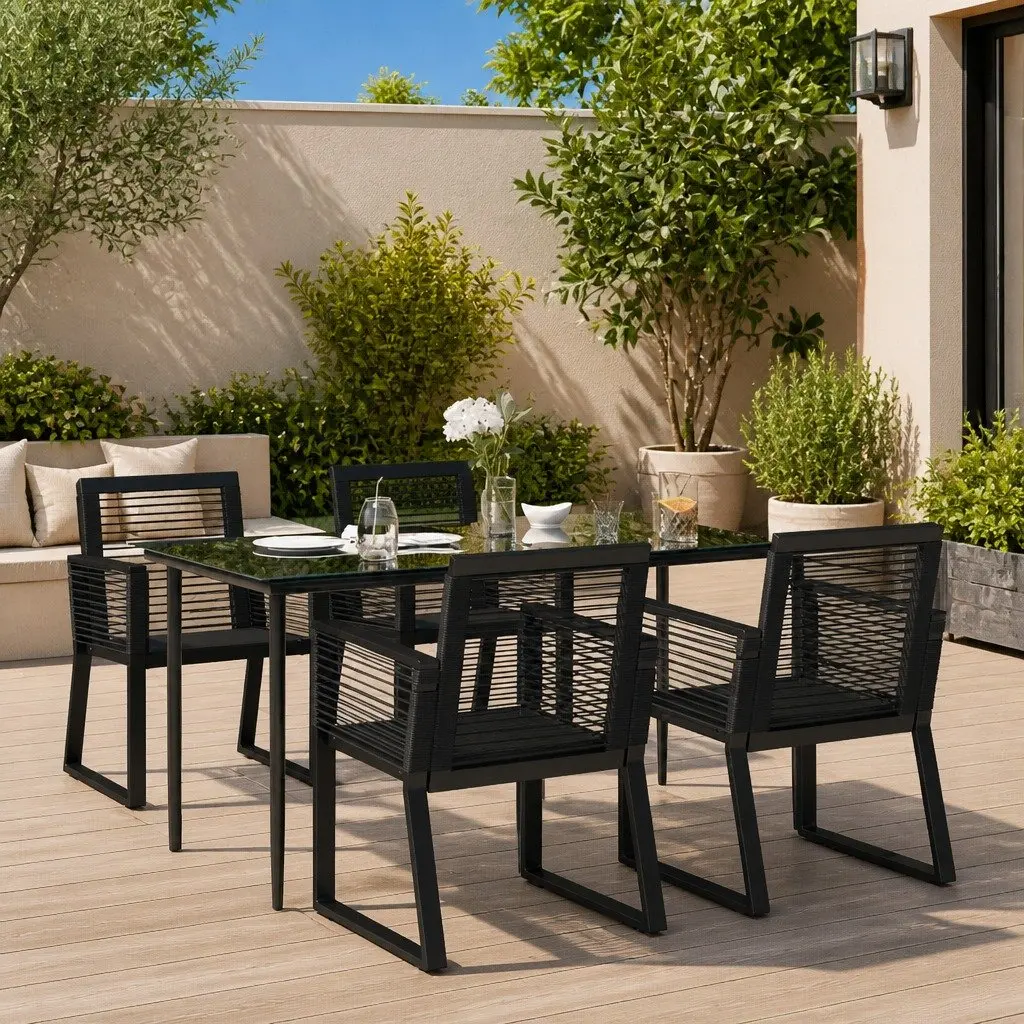 Outdoor Garden Dining Set 5 Piece Black Rattan Chairs Table