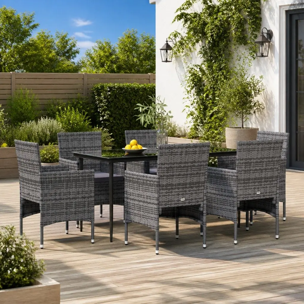 7 Piece Outdoor Garden Dining Set Grey Black Cushions Table Chairs