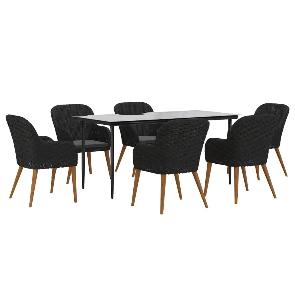 7 Piece Outdoor Garden Dining Set Black Acacia Wood Glass Tabletop Chairs