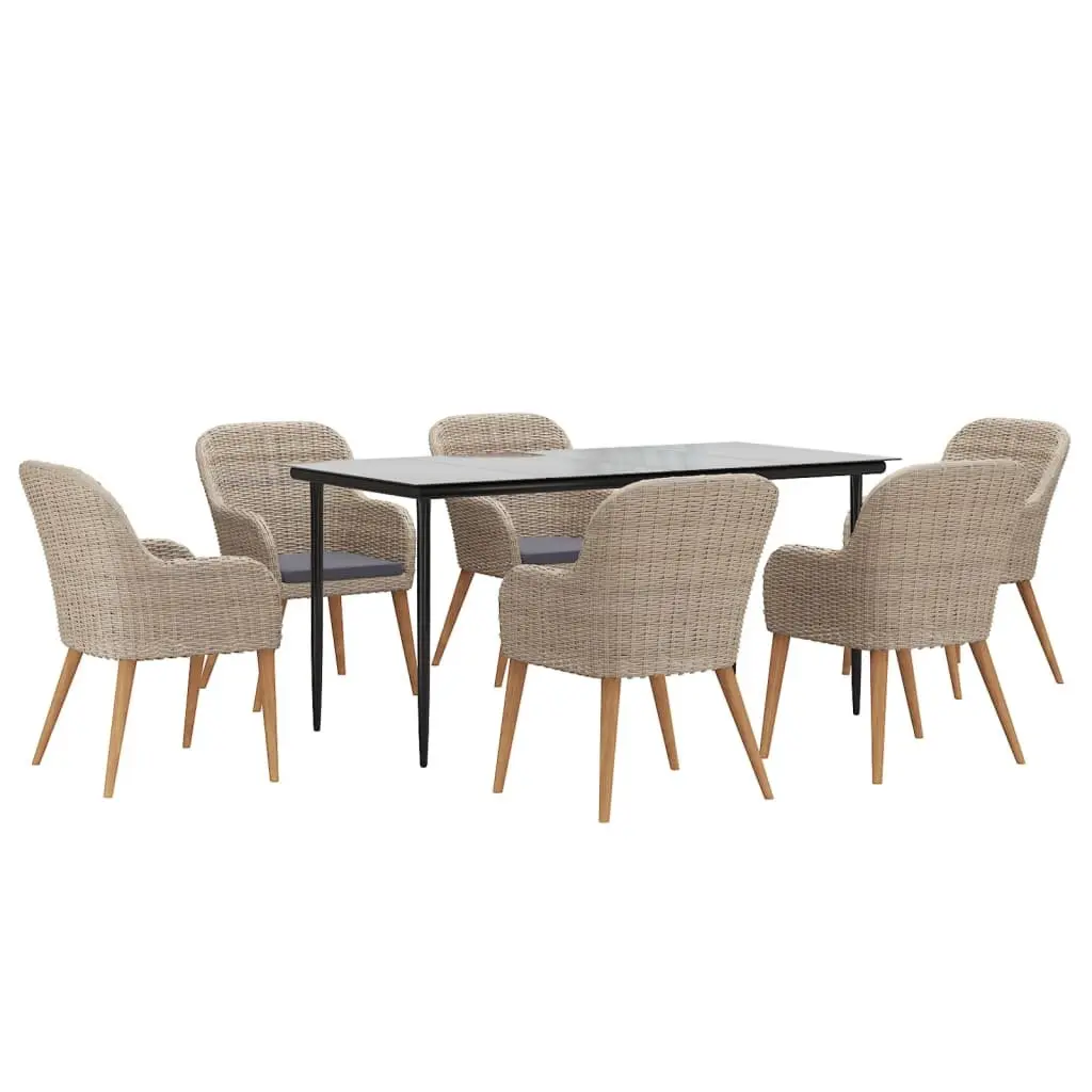 7 Piece Outdoor Garden Dining Set Acacia Wood Tempered Glass Table Cushioned