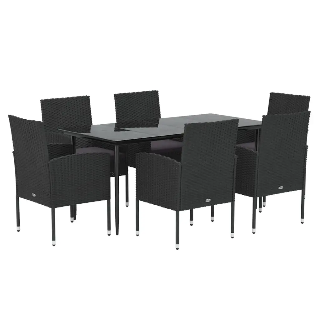 7 Piece Outdoor Dining Set Garden Furniture Black Poly Rattan with Cushions