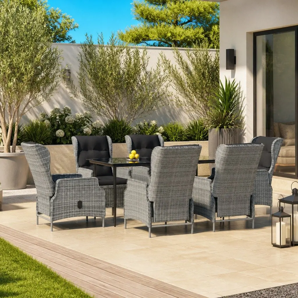 Outdoor Dining Set 7 Piece Grey Rattan Patio Furniture with Table and Adjustable Chairs
