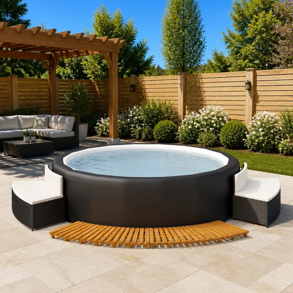 Hot Tub Surround Spa Benches 2 Piece Black Rattan Wood Outdoor Accessories