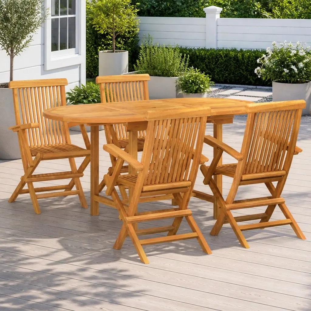 Garden Dining Set 5 Piece Outdoor Table Chair Teak Wood Brown