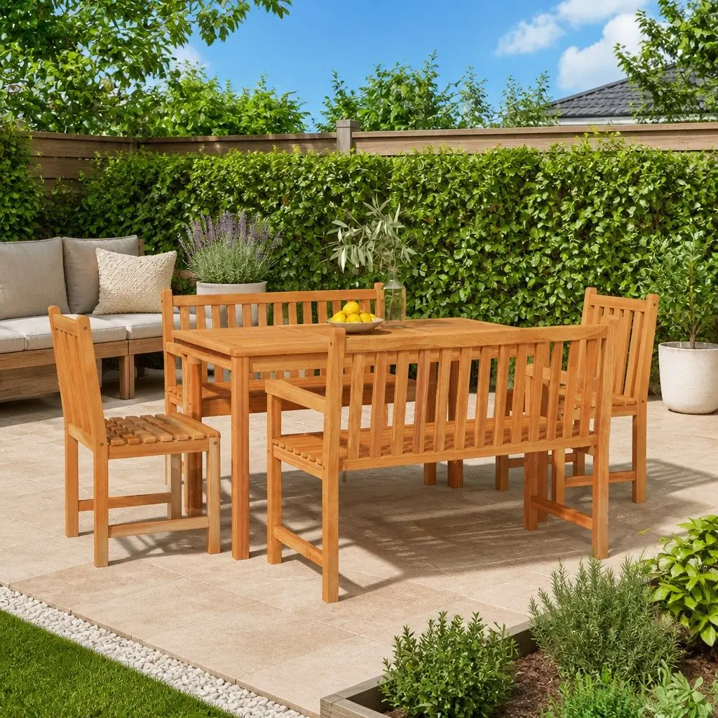 Outdoor Dining Set 5 Piece Garden Furniture Solid Teak Wood Table Chairs Brown