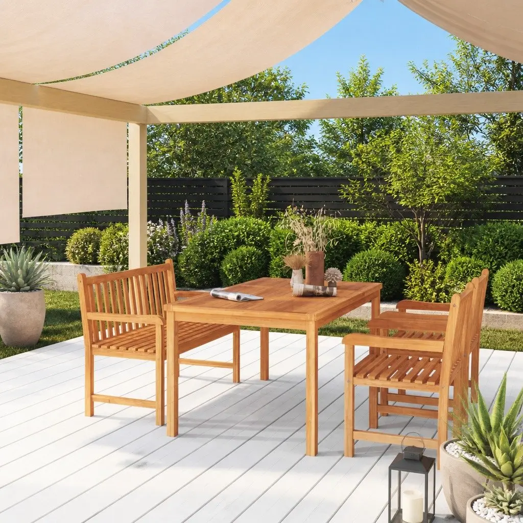 4 Piece Garden Dining Set Outdoor Furniture Solid Teak Wood Table Bench Chairs Brown