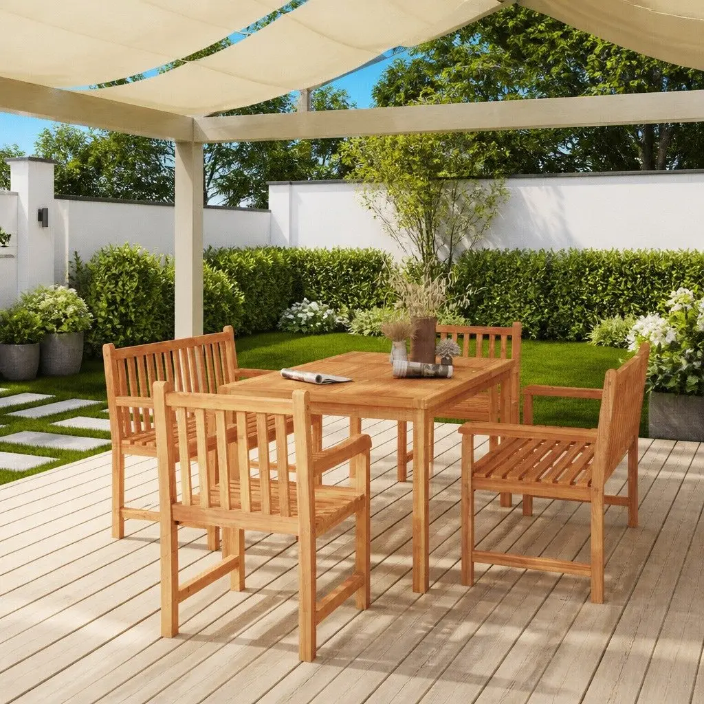 5 Piece Solid Wood Garden Dining Set Teak Outdoor Furniture Table Chairs Benches Brown